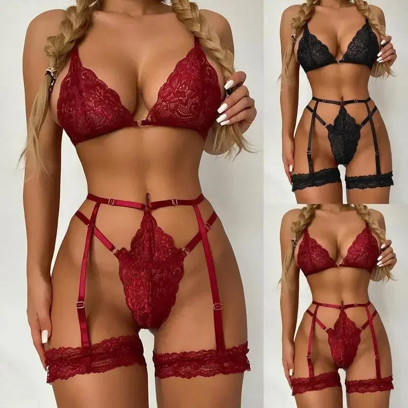 Conjunto Lingerie em Renda com Cinta-Liga – Sensual & Elegante