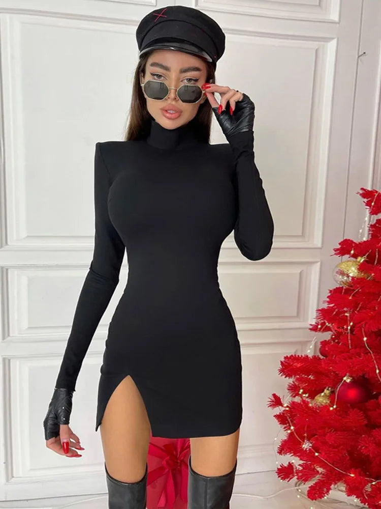 Vestido Bodycon Preto Manga Longa – Elegância Urbana Minimalista